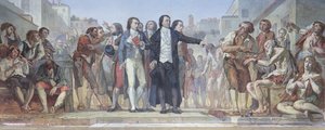 Philippe Pinel (1745-1826) liberando lunáticos de suas cadeias no asilo de Bicetre em Paris em 1793, c.1840-50 (ver 163911 para detalhes)